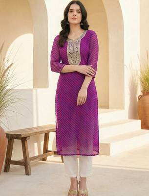 Purple women leheriya printed sequinned georgette kurta 4