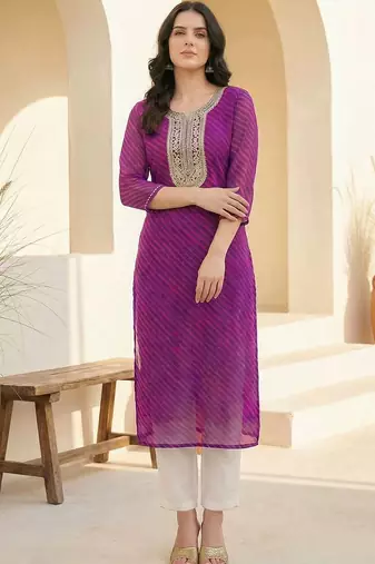 Purple women leheriya printed sequinned georgette kurta