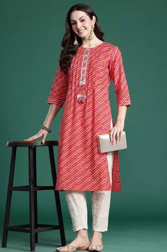 Pink women leheriya printed kurta