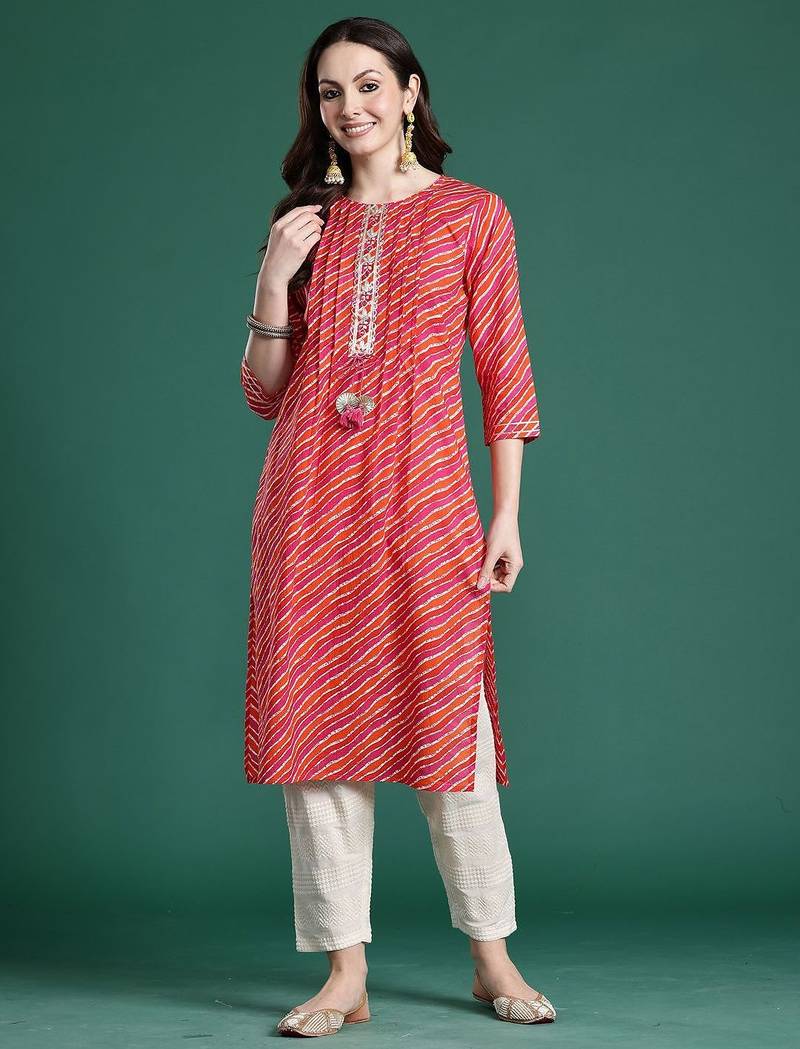 Pink women leheriya printed kurta
