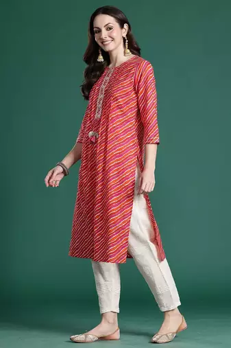 Pink women leheriya printed kurta