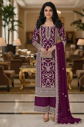 Wine color girlie butterfly net ceremonial salwar kameez for glamorous looks