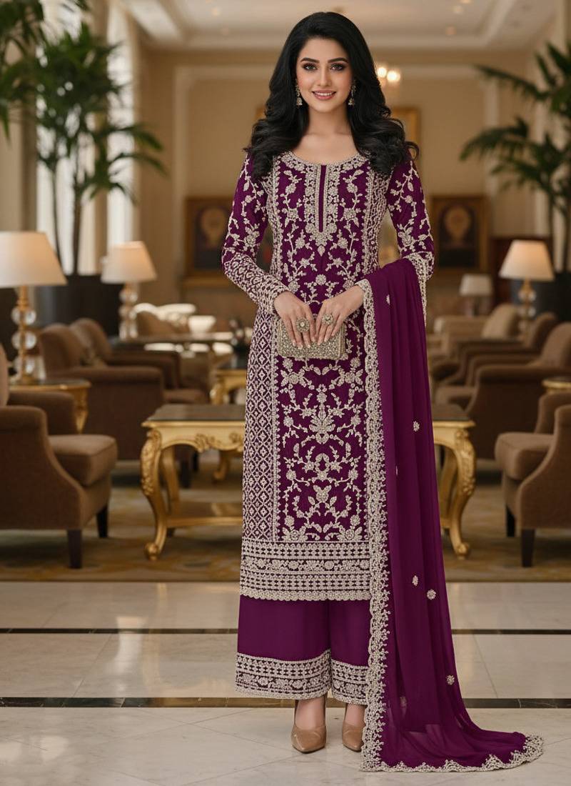 Wine color girlie butterfly net ceremonial salwar kameez for glamorous looks