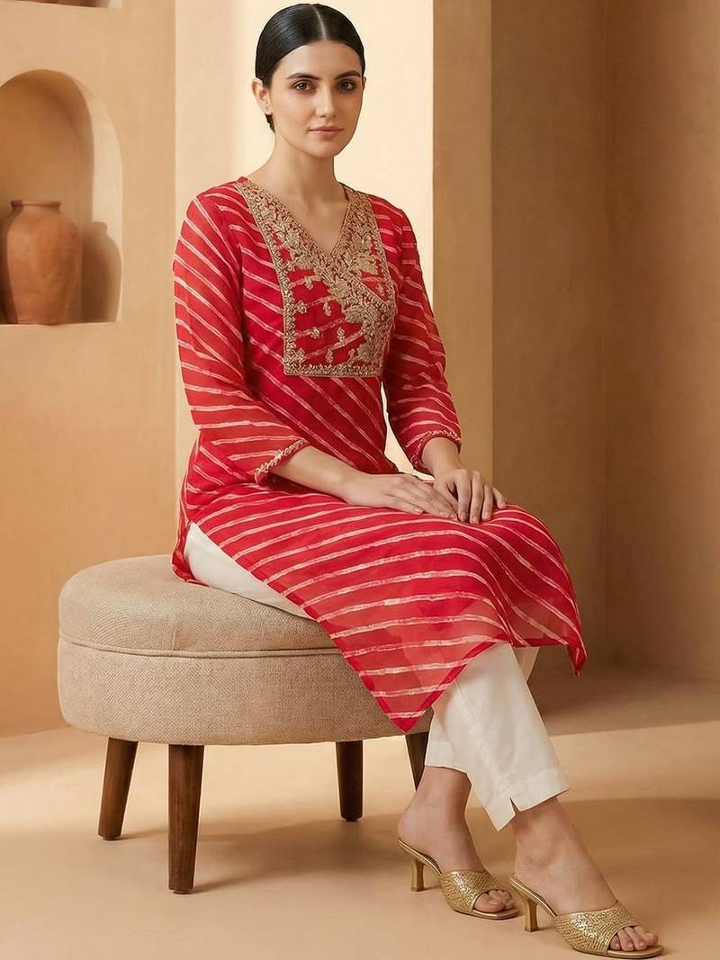 Pink women leheriya printed georgette kurta