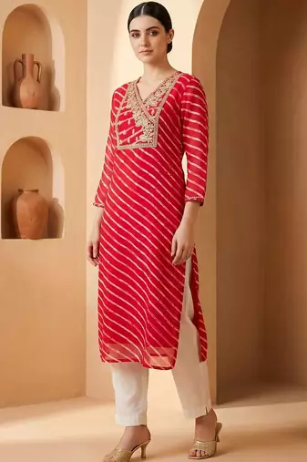 Pink women leheriya printed georgette kurta