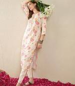 Cream women floral printed thread work floral kurta