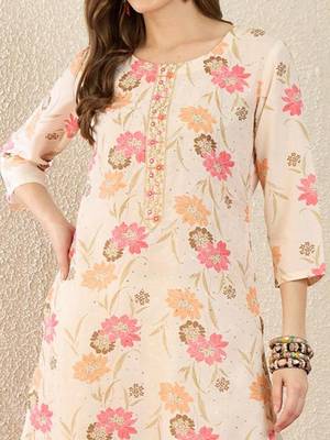 Cream women floral printed thread work floral kurta 4