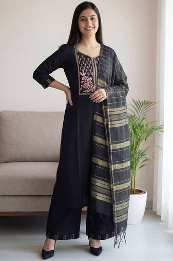 Black women ethnic motifs embroidered regular thread work  cotton kurta with palazzos & with dupatta