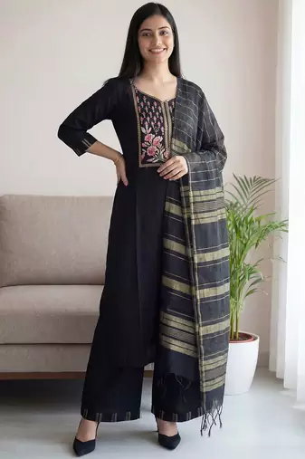 Black women ethnic motifs embroidered regular thread work pure cotton kurta with palazzos & with dupatta