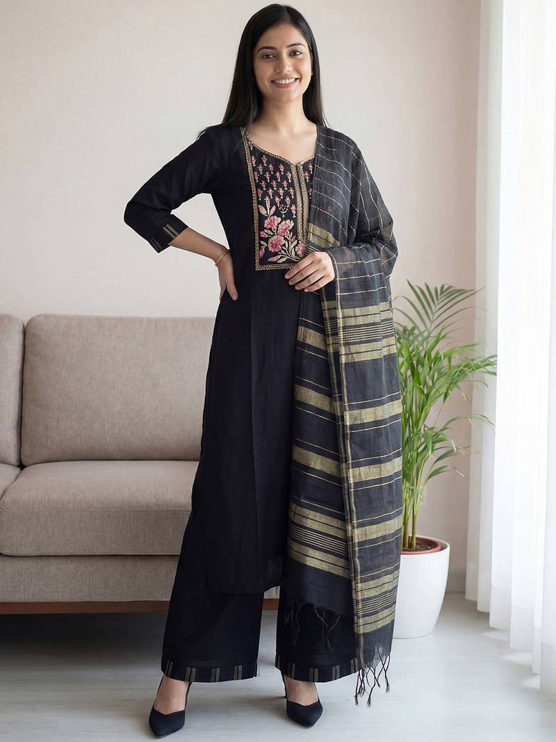 Black women ethnic motifs embroidered regular thread work pure cotton kurta with palazzos & with dupatta
