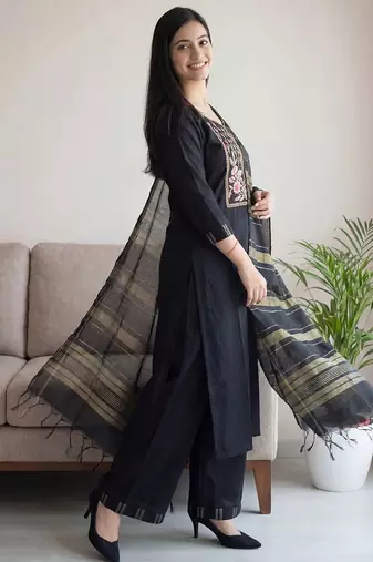 Black women ethnic motifs embroidered regular thread work pure cotton kurta with palazzos & with dupatta