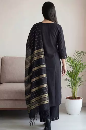 Black women ethnic motifs embroidered regular thread work pure cotton kurta with palazzos & with dupatta