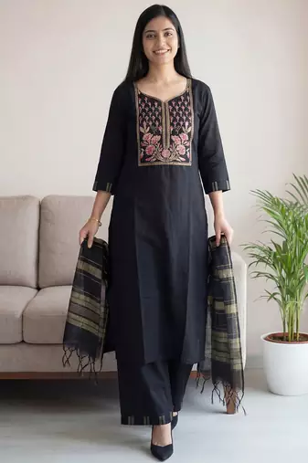 Black women ethnic motifs embroidered regular thread work pure cotton kurta with palazzos & with dupatta