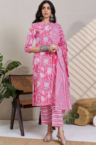 Pink women floral printed pure cotton kurta with trousers & dupatta