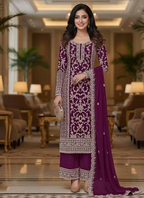 Wine color girlie butterfly net ceremonial salwar kameez for glamorous looks 2