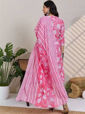Pink women floral printed cotton kurta with trousers & dupatta 4