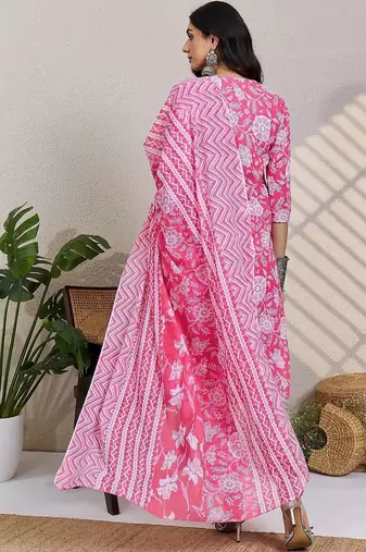 Pink women floral printed pure cotton kurta with trousers & dupatta