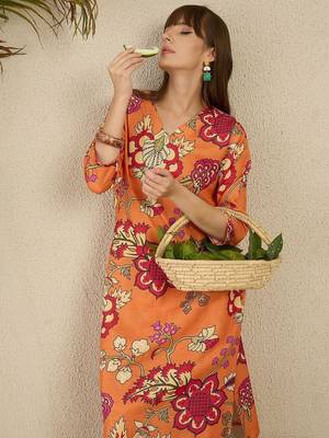 Orange floral screen printed v-neck straight kurta with trousers 1