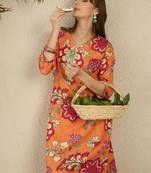 Orange floral screen printed v-neck straight kurta with trousers