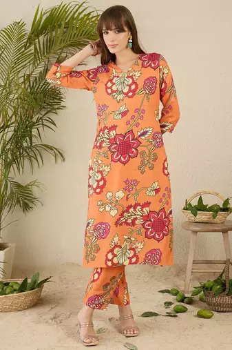 Orange floral screen printed v-neck straight kurta with trousers