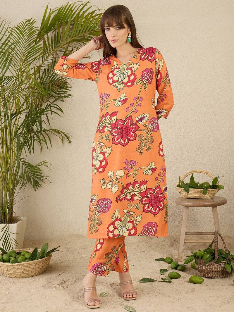 Orange floral screen printed v-neck straight kurta with trousers
