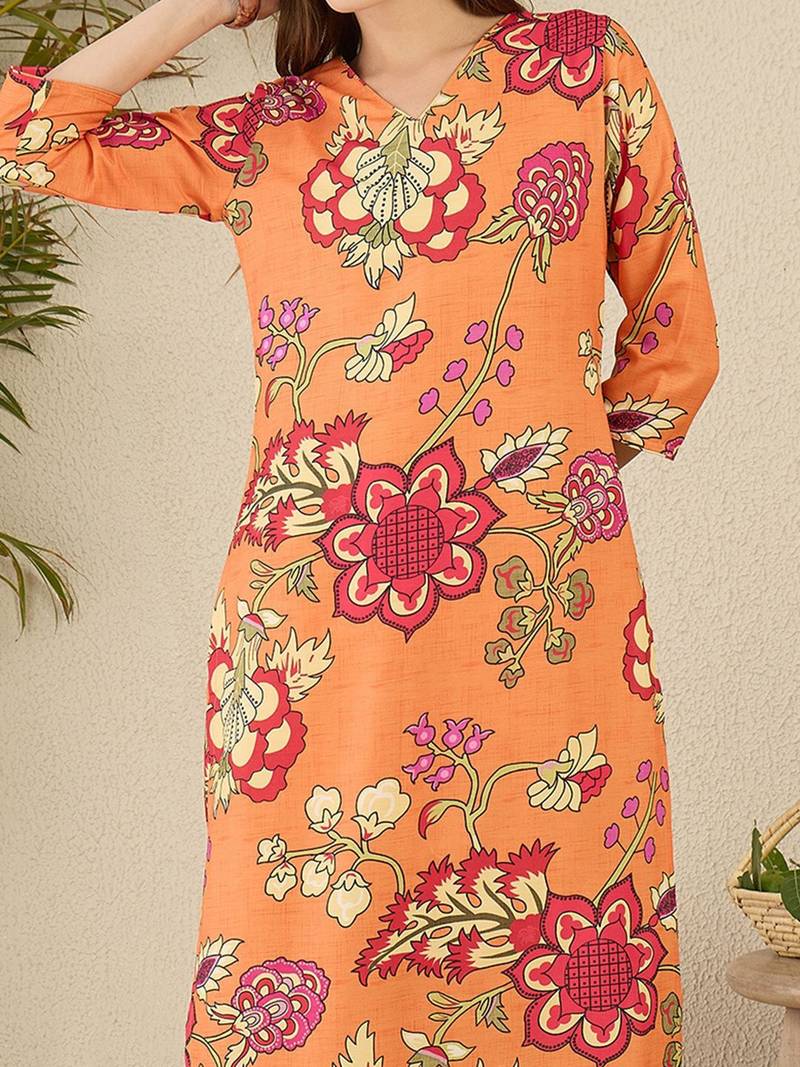 Orange floral screen printed v-neck straight kurta with trousers