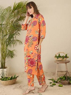 Orange floral screen printed v-neck straight kurta with trousers 4