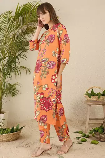 Orange floral screen printed v-neck straight kurta with trousers