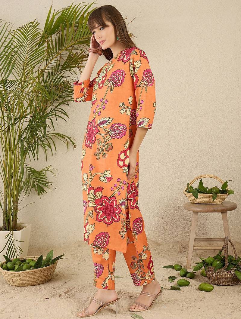 Orange floral screen printed v-neck straight kurta with trousers