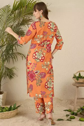 Orange floral screen printed v-neck straight kurta with trousers