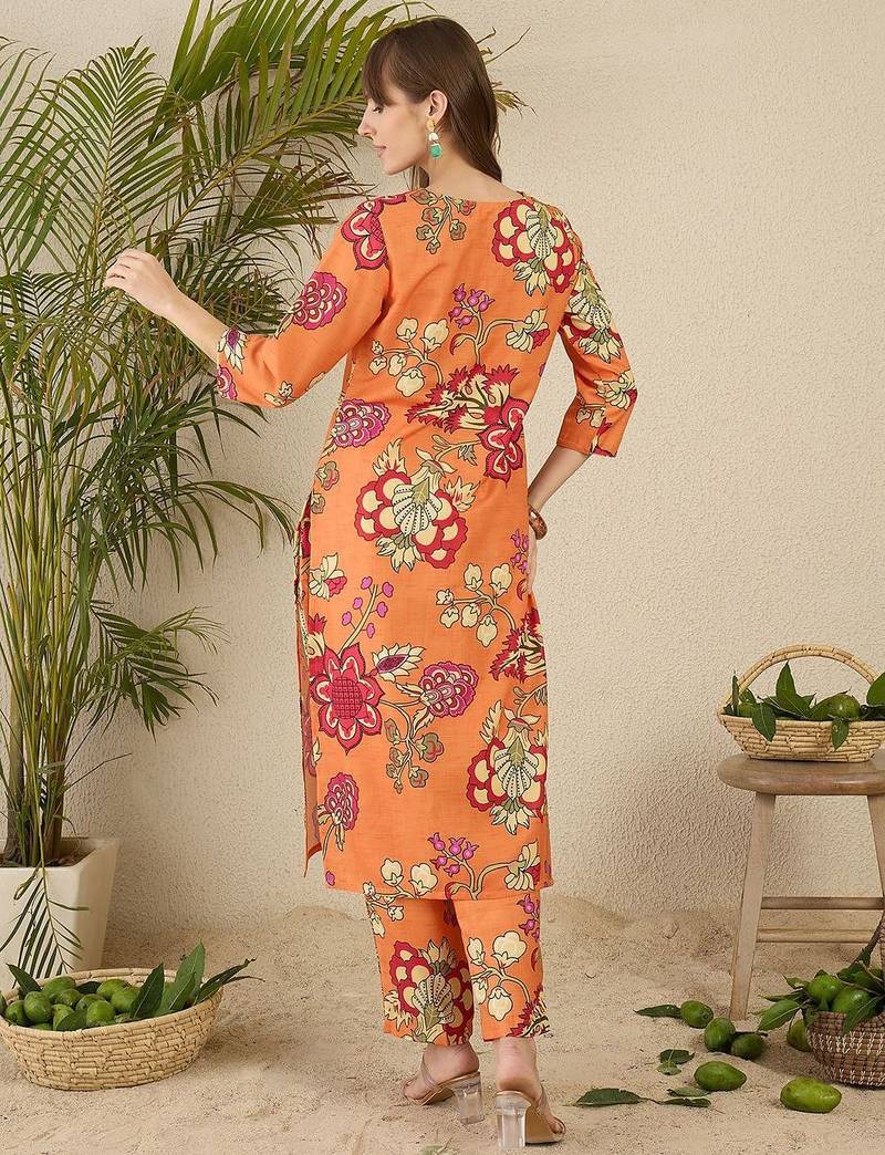 Orange floral screen printed v-neck straight kurta with trousers