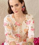 Cream women floral printed thread work floral kurta