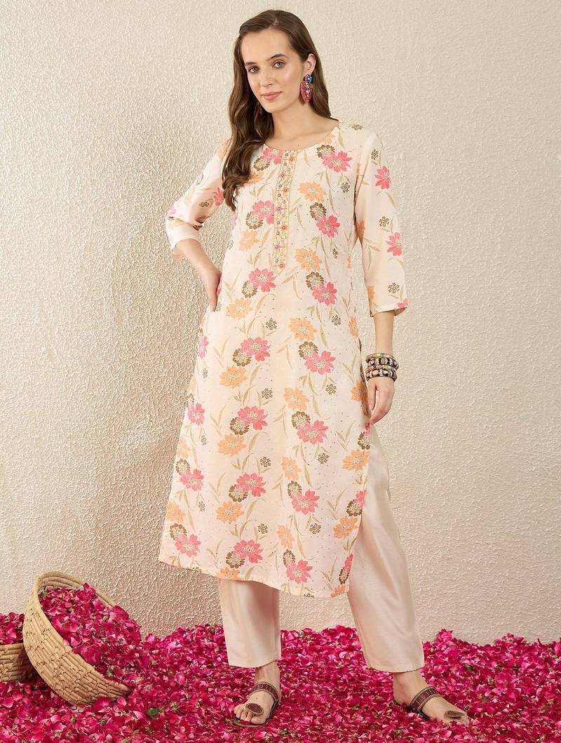 Cream women floral printed thread work floral kurta
