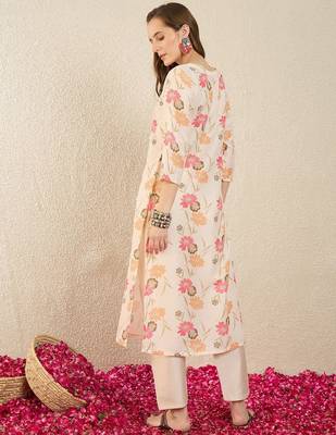 Cream women floral printed thread work floral kurta 5