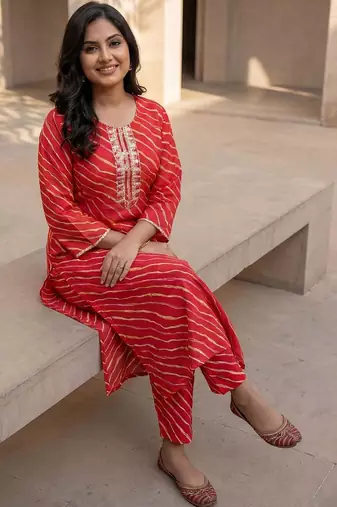 Red women leheriya printed mirror work kurta