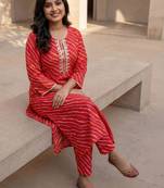 Red women leheriya printed mirror work kurta