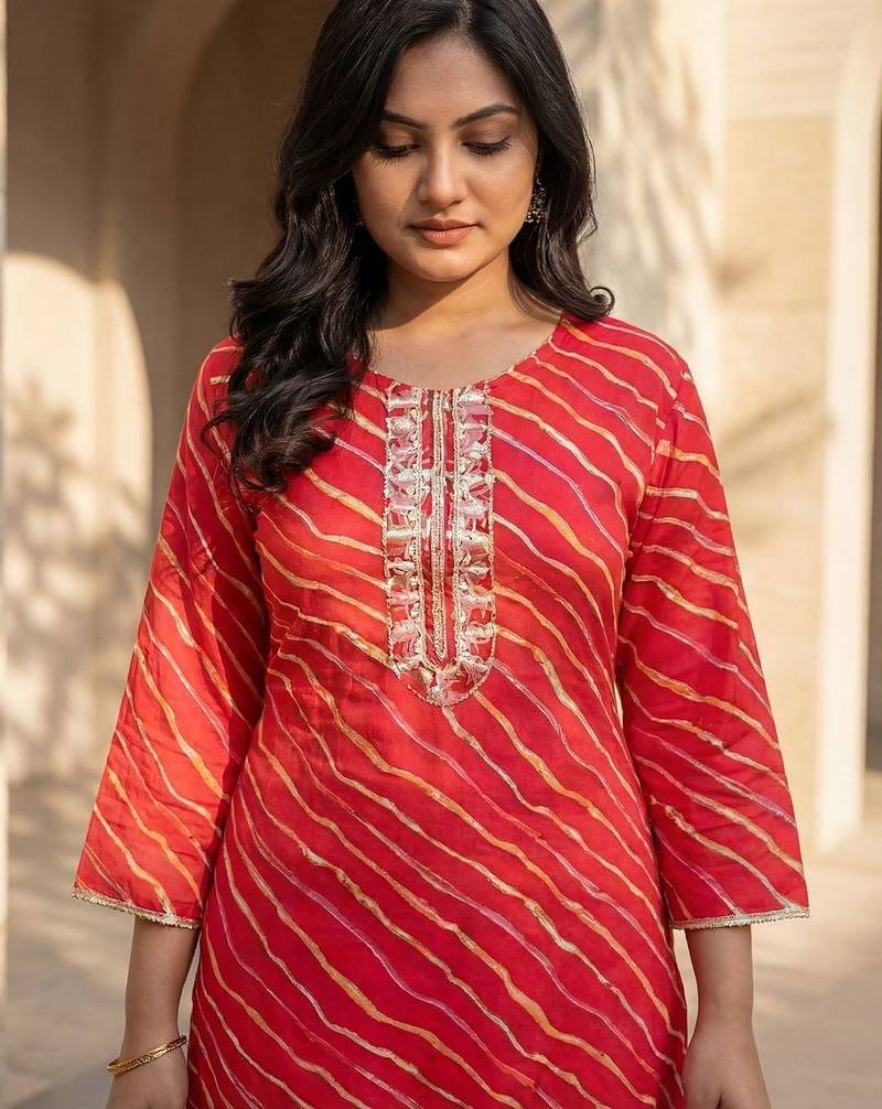 Red women leheriya printed mirror work kurta