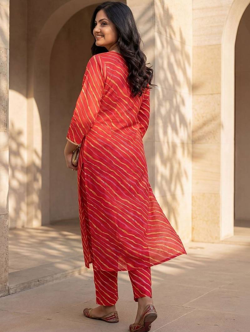 Red women leheriya printed mirror work kurta