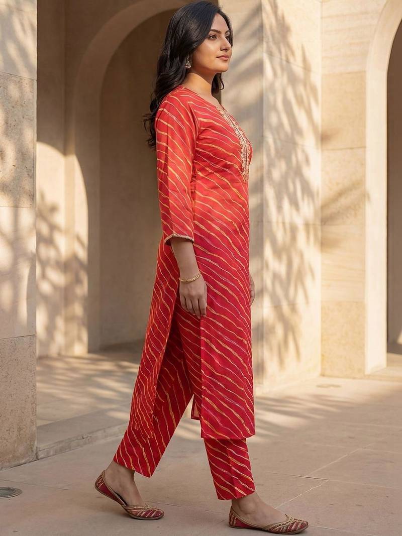 Red women leheriya printed mirror work kurta