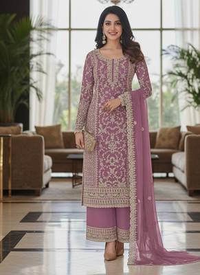 Purple color girlie butterfly net ceremonial salwar kameez for glamorous looks 1