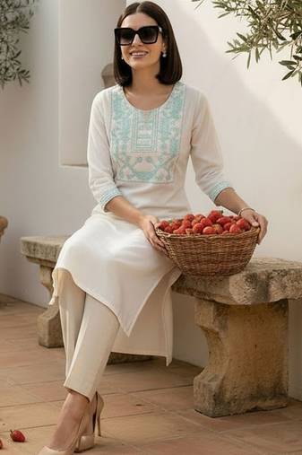 White women embroidered thread work kurta