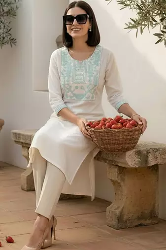 White women embroidered thread work kurta