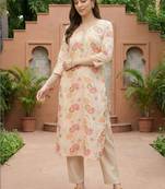 Cream women floral printed thread work floral kurta