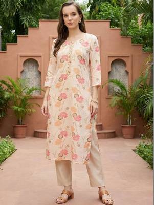 Cream women floral printed thread work floral kurta 3