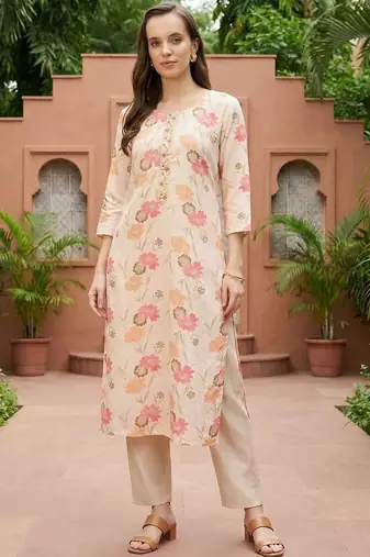 Cream women floral printed thread work floral kurta