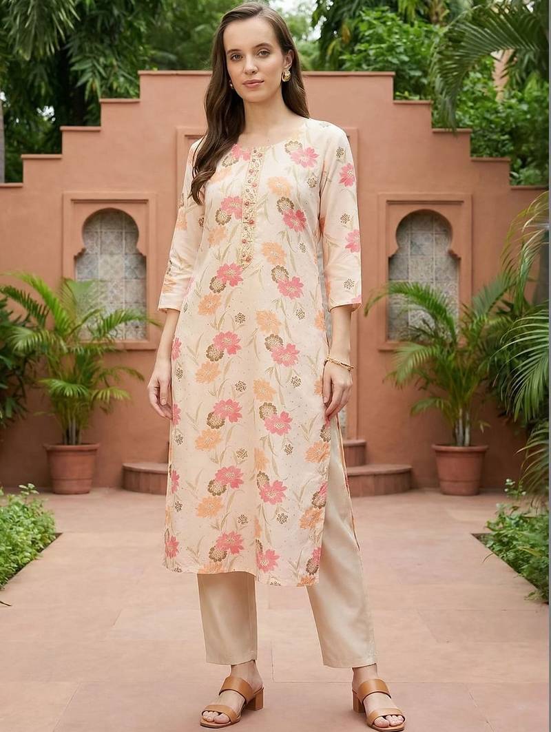 Cream women floral printed thread work floral kurta