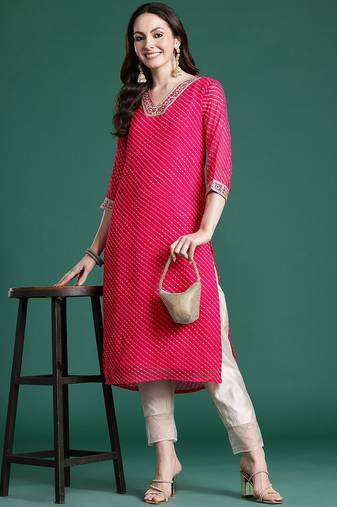 Magenta leheriya printed mirror work chiffon kurta