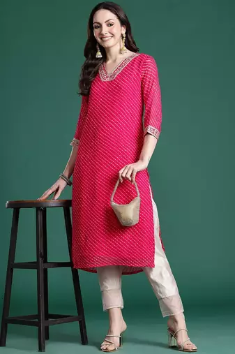 Magenta leheriya printed mirror work chiffon kurta