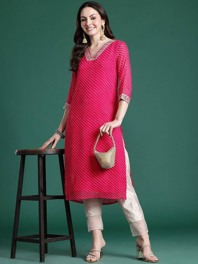 Magenta leheriya printed mirror work chiffon kurta
