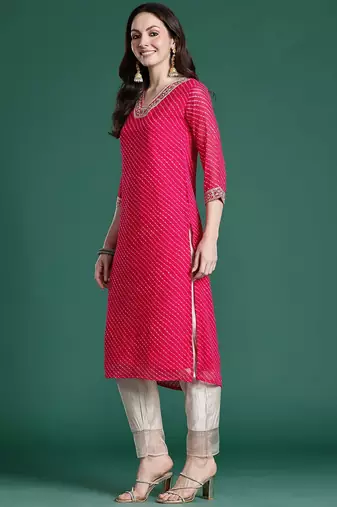 Magenta leheriya printed mirror work chiffon kurta